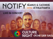 Image of the band Notify with portraits of the band members in a line fading in the background with close ups of their faces