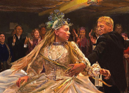 Image of a woman dancing in a dress with a man in a black suit illustrated in an oil painting style