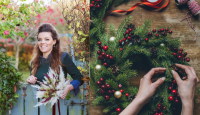 Image of gardener Julie anne and a close up shot of hands making a christmas wreath