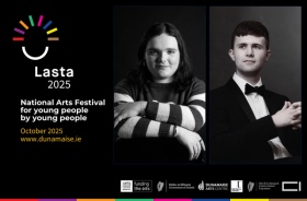 Portraits of lasta young curators for 2025 at Dunamaise called ellie lee henry and david vesey in black and white
