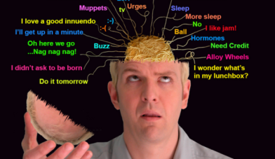 Image of Ger Carey lifting off the top of his head to reveal a brain made of spaghetti with teenage thoughts