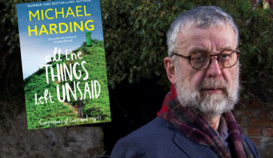 Image of Michael Hardings face with an image of his latest book cover inserted to the left with the title all the things left unsaid