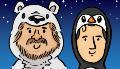 Cartoon image of 2 characters dressed up as a polar bear and a penguin