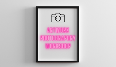 Image of a black frame with a camera icon and the words artwork photography workshop in the centre