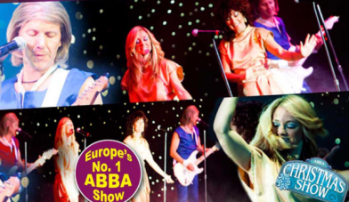 Collage of images of the ABBA forever band performing on stage with instruments and microphones