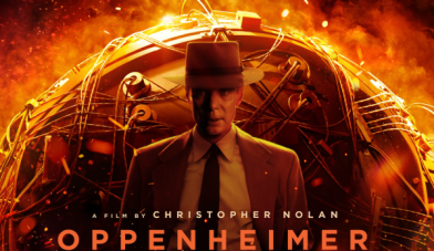 Movie poster image for Oppenheimer of actor Cillian Murphy in front of fiery background