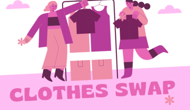 Cartoon image of 2 females swapping clothes