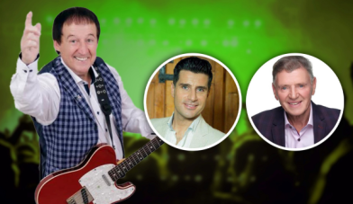 Image of declan nerney with a guitar pointing upwards beside two circular inserted images of mens faces who will sing along with him on the night of this concert
