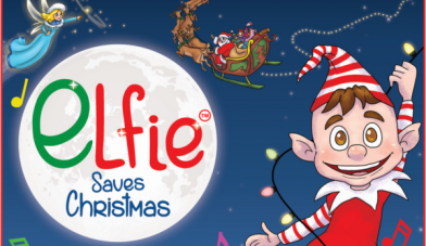 A Cartoon image of a funny elf swinging from some loose christmas lights with the tagline Elfie Saves Christma