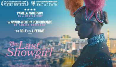 The last showgirl film poster of pamela anderson in a showgirl headpiece