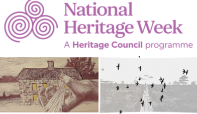 H Eritage week images from movies to be played a hand in front of a cottage in pencil drawing and another with birds flying over a field
