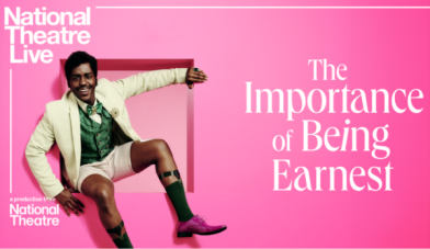 Nt live poster for the importance of being earnest a man sits on a square ledge on a vibrant pink background