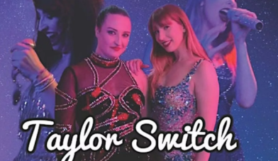 2 women and one is dressed like taylor swift for their tribute band taylor switch