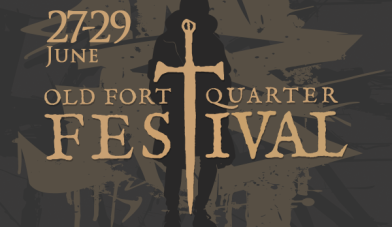 Old fort quarter festival logo image with sword feature at the centre of the logo in medieval style font