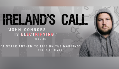Website Image John Connors portrait of man in grey hoody with Irelands Call text Website Image Template 600 x 400px