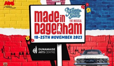 Image of Made in Dagenham featuring Ford Cortina and yellow purple blue and red coloured brick work