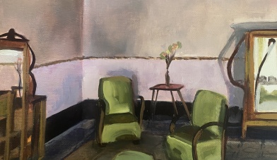 A painting of an old-fashioned room with chairs, dressers, and a chandelier