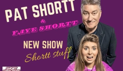 Pat and faye shortt on a purple background with new show shortt stuff