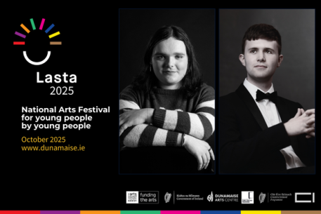 Portraits of lasta young curators for 2025 at Dunamaise called ellie lee henry and david vesey in black and white