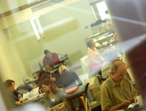 Cafe through glass banner