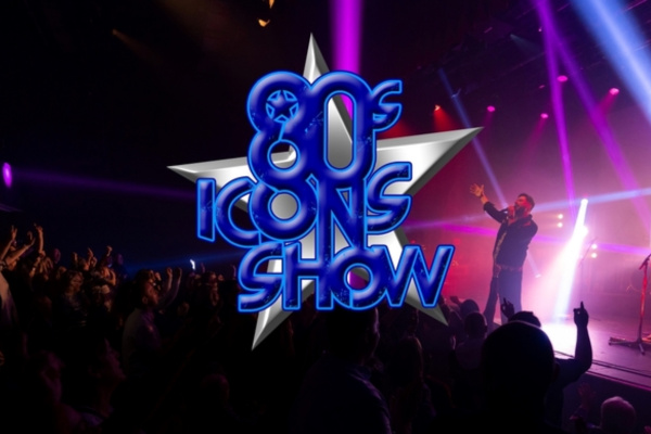 Image of a singer in a crowded concert with a large 80s Icons Show logo in the centre of the picture
