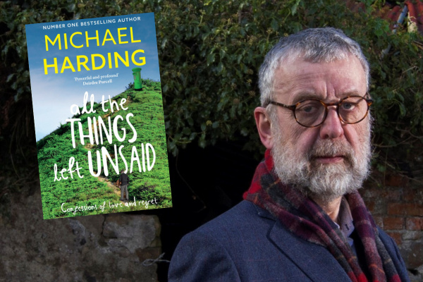 Image of Michael Hardings face with an image of his latest book cover inserted to the left with the title all the things left unsaid