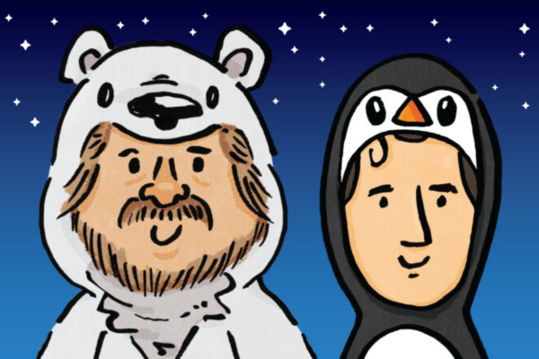 Cartoon image of 2 characters dressed up as a polar bear and a penguin