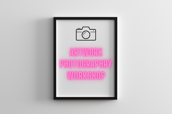 Image of a black frame with a camera icon and the words artwork photography workshop in the centre