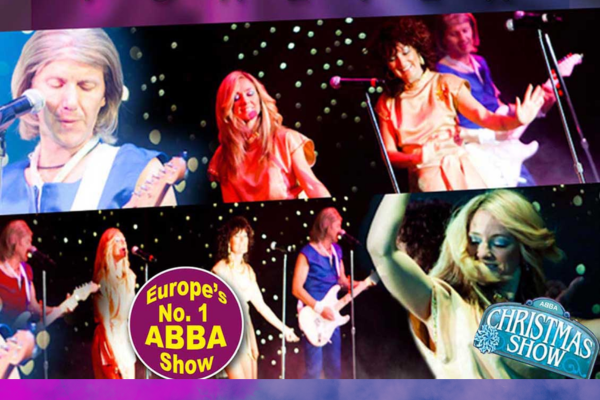 Collage of images of the ABBA forever band performing on stage with instruments and microphones