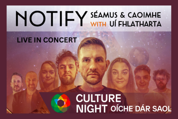 Image of the band Notify with portraits of the band members in a line fading in the background with close ups of their faces