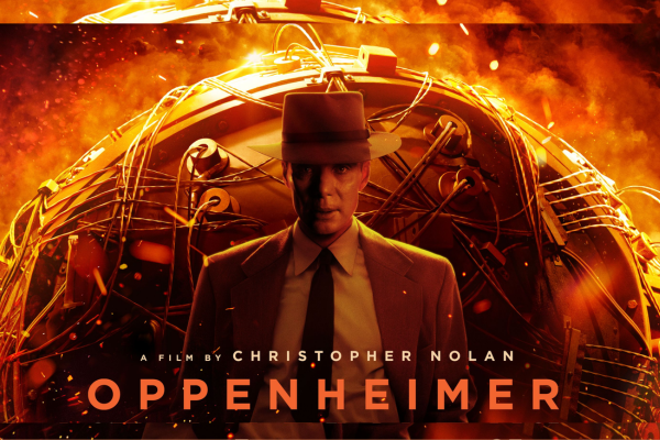 Movie poster image for Oppenheimer of actor Cillian Murphy in front of fiery background