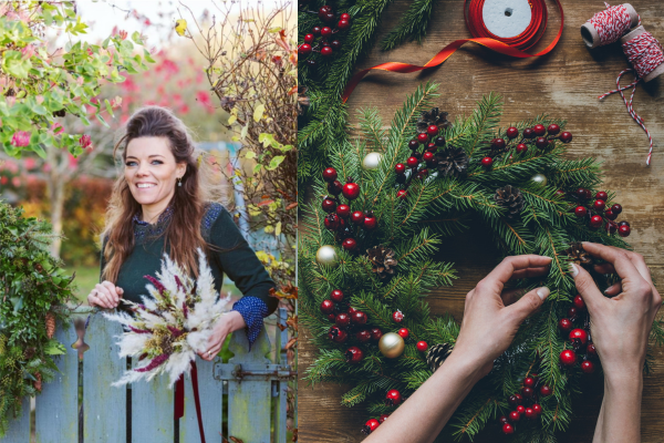 Image of gardener Julie anne and a close up shot of hands making a christmas wreath