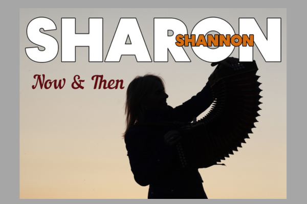 Sharon Shannon shadow outline playing an accordion against a bright background