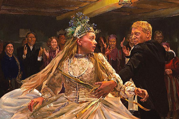 Image of a woman dancing in a dress with a man in a black suit illustrated in an oil painting style