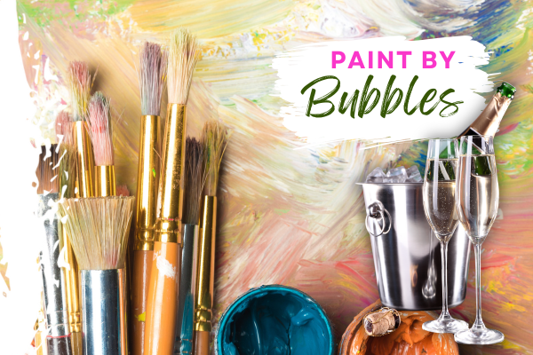 Paint by bubbles class image with paintbrushes and a prosecco bottle in an ice bucket alongside 2 glasses