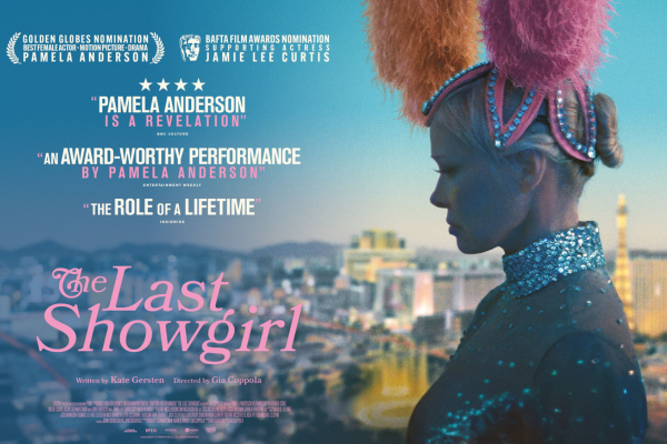 The last showgirl film poster of pamela anderson in a showgirl headpiece