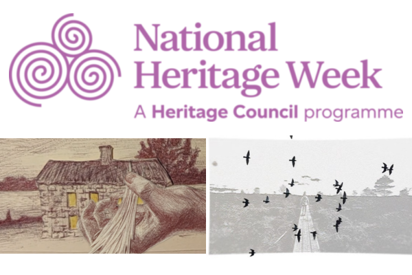 H Eritage week images from movies to be played a hand in front of a cottage in pencil drawing and another with birds flying over a field