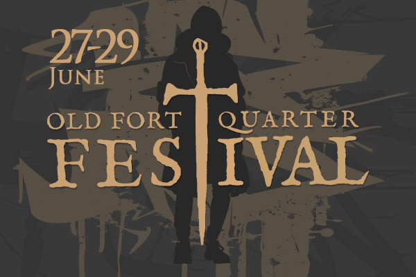 Old fort quarter festival logo image with sword feature at the centre of the logo in medieval style font