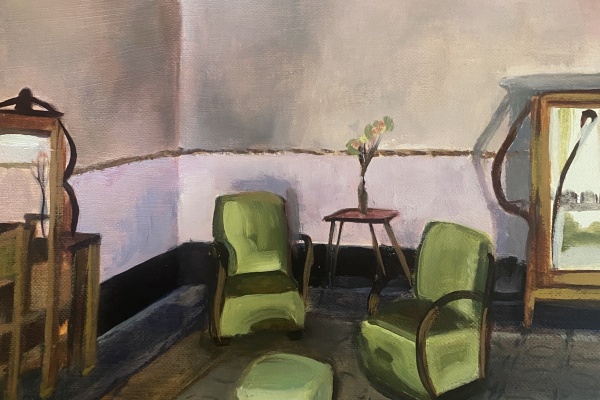A painting of an old-fashioned room with chairs, dressers, and a chandelier